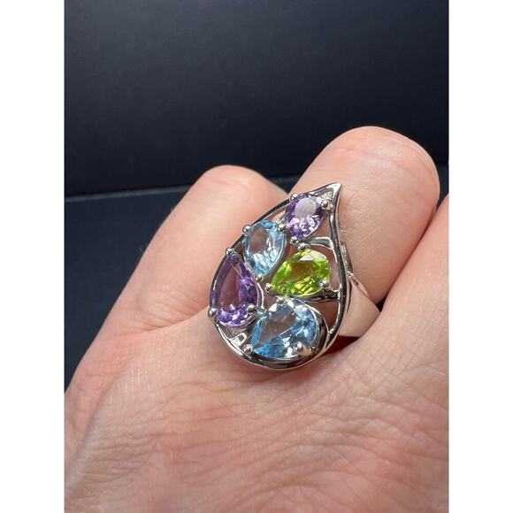 Vintage multi gemstone sterling silver cluster ring size 7 - Picture 4 of 16